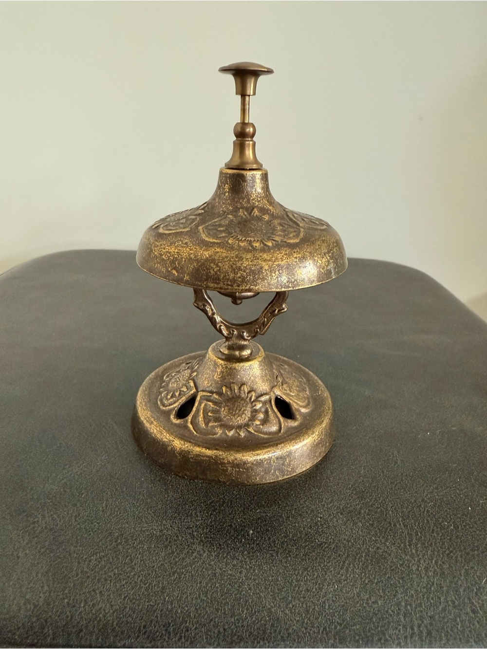 Antique-Style Brass Topped Bell with Sunflower Engraving - Gold Tone